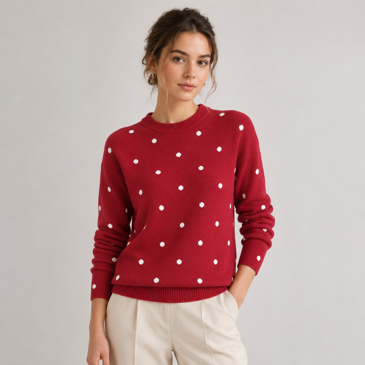 Polka Dot Knit Sweater, Crew Neck Casual Knit Pullover