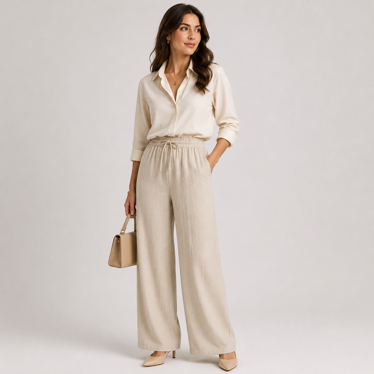 Wide Leg Linen Look Trousers, Elastic Waist Relaxed