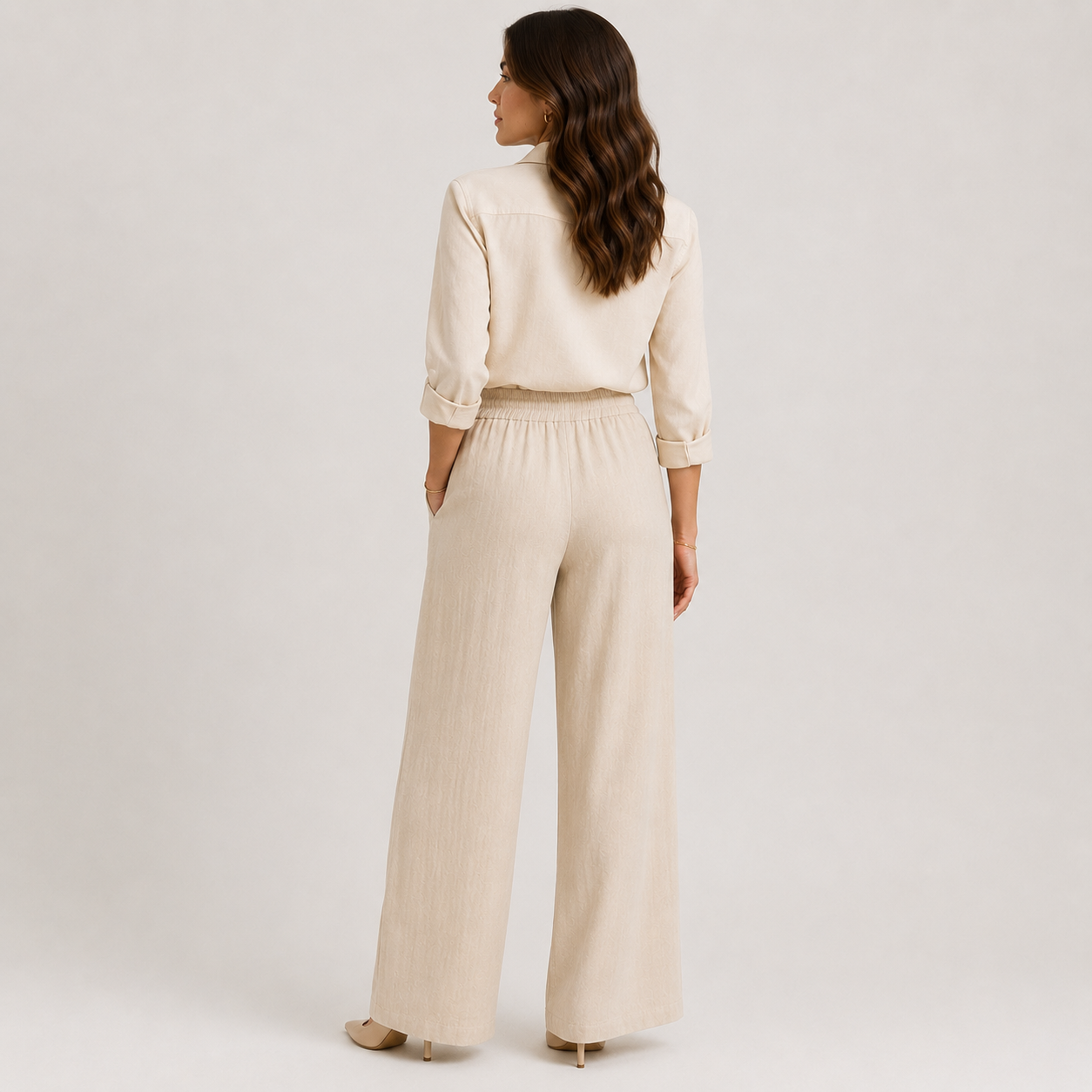 Wide Leg Linen Look Trousers, Elastic Waist Relaxed