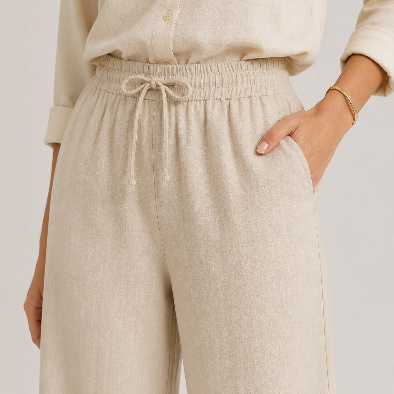 Wide Leg Linen Look Trousers, Elastic Waist Relaxed