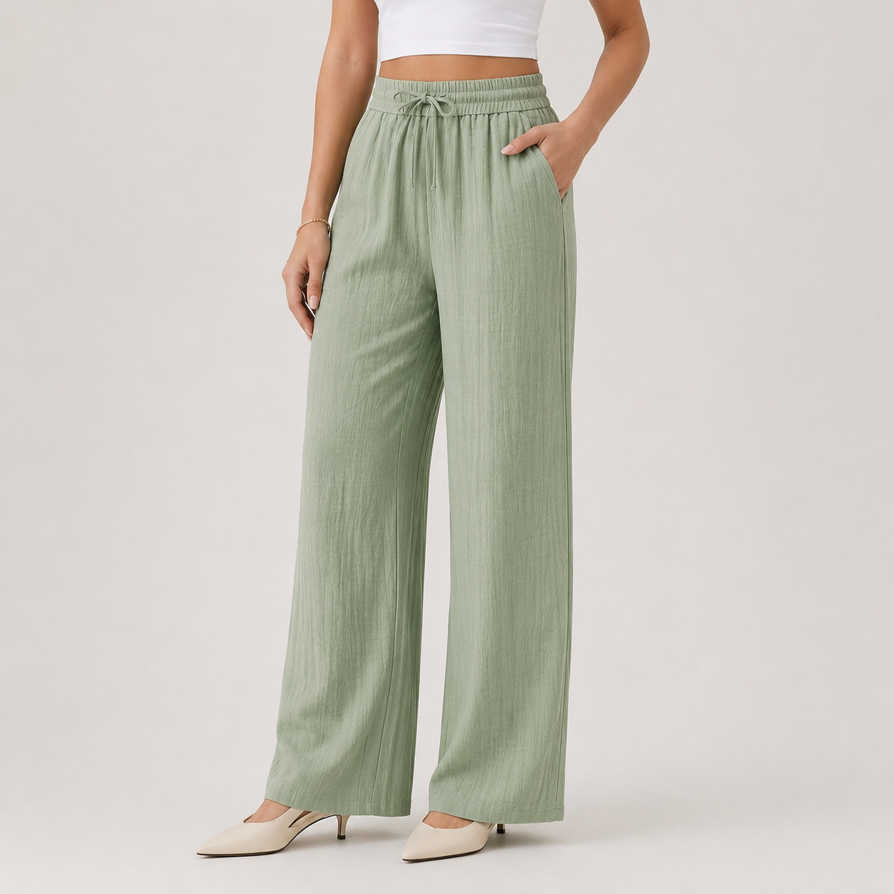 Wide Leg Linen Look Trousers, Elastic Waist Relaxed