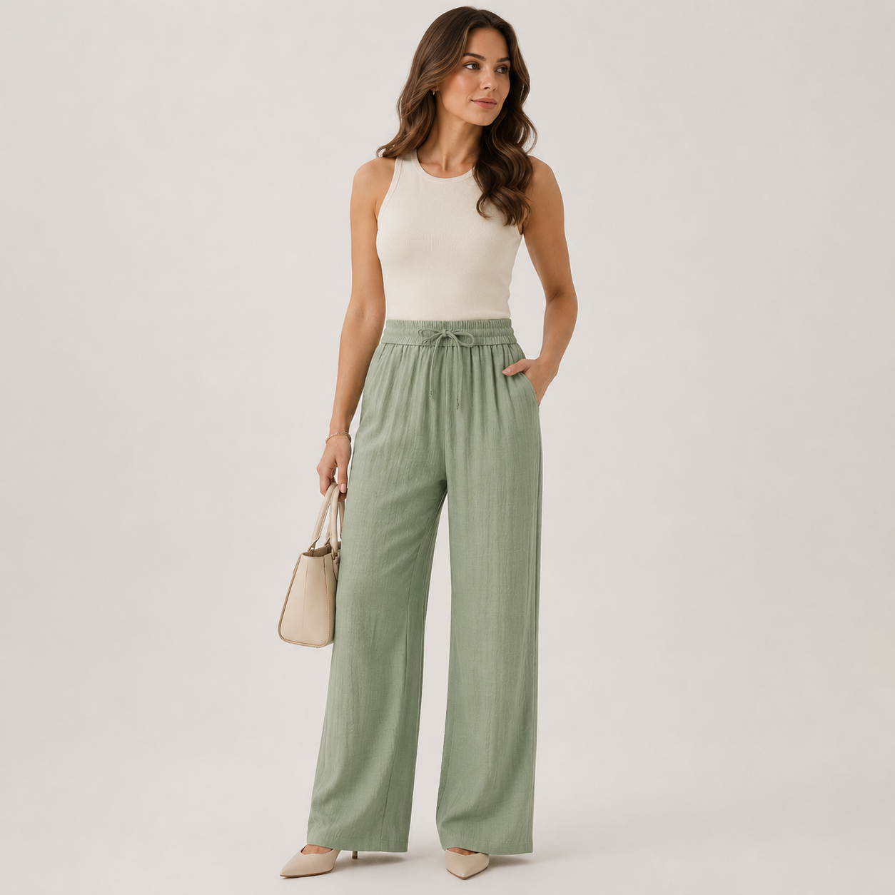 Wide Leg Linen Look Trousers, Elastic Waist Relaxed