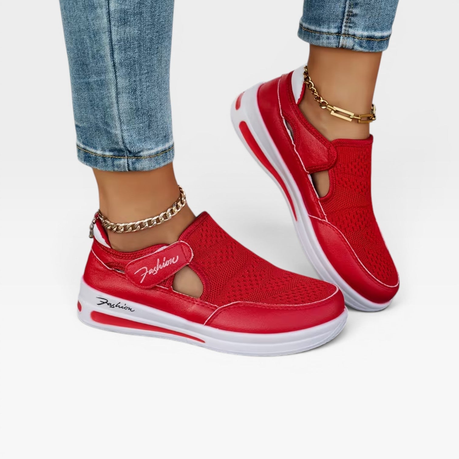 Velcro Strap Platform Trainers, Cutout Mesh Walk Shoes