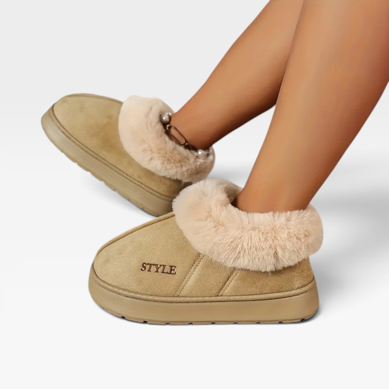 Suede Ankle Boots with Fur Trim, Anti Slip Cushion Sole
