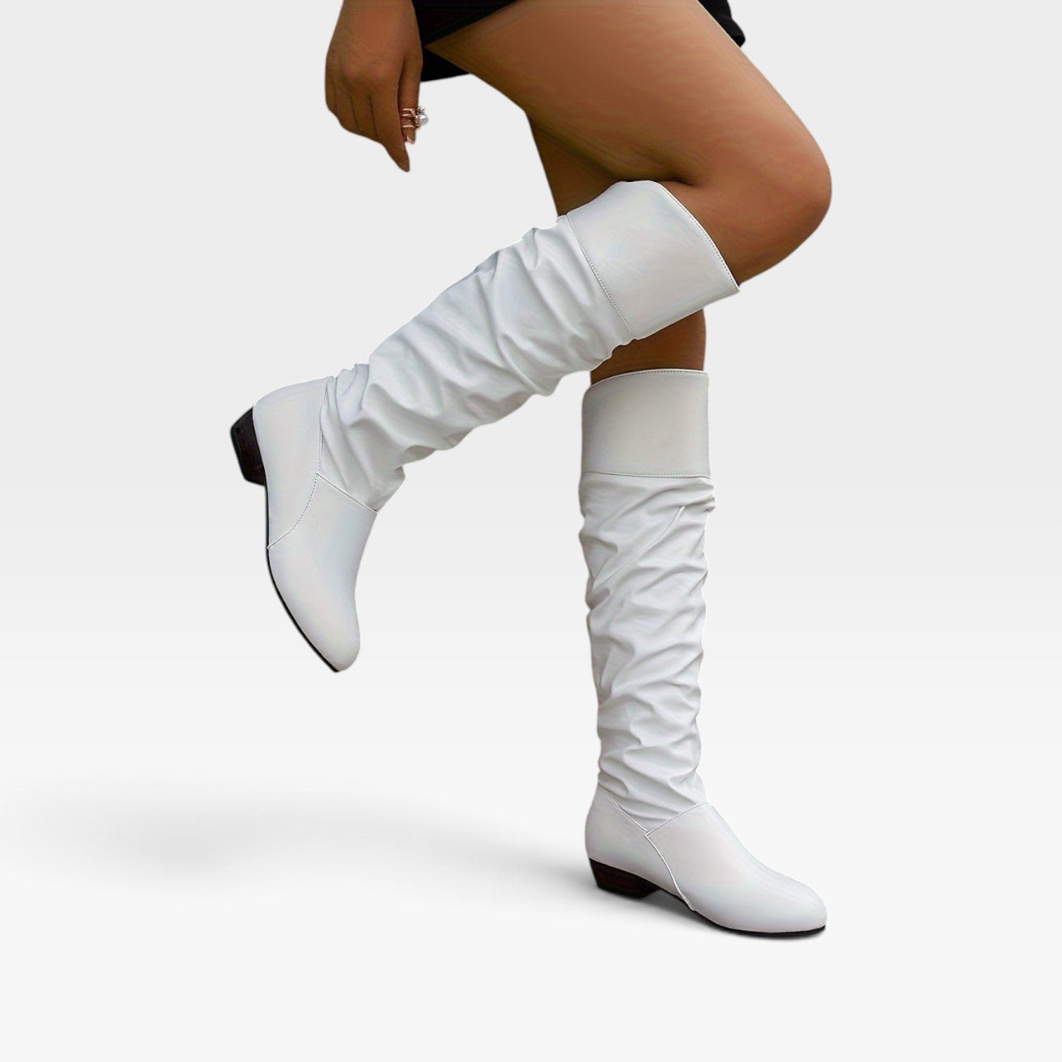 Knee High Slouch Boots, Ruched Calf and Low Block Heel