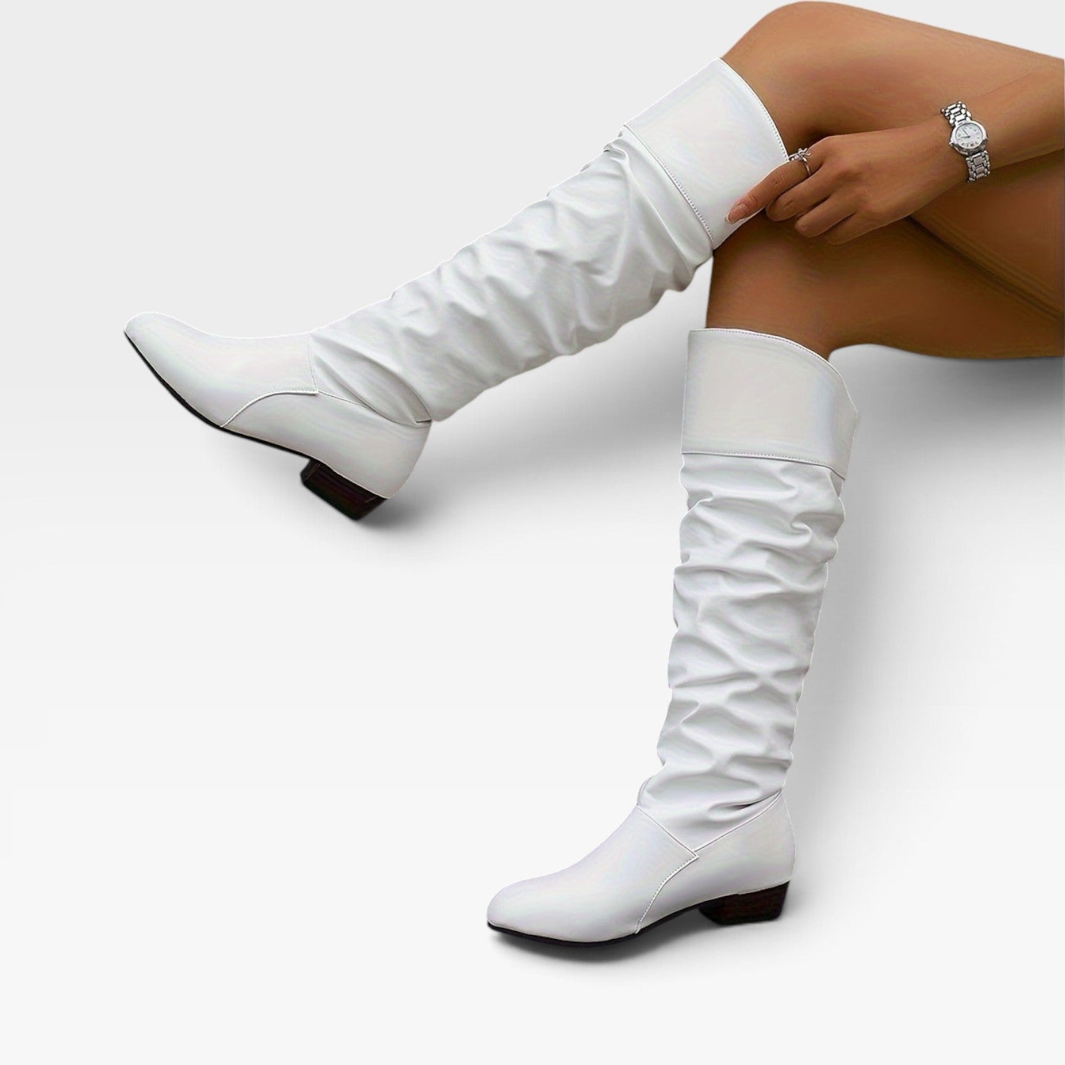 Knee High Slouch Boots, Ruched Calf and Low Block Heel