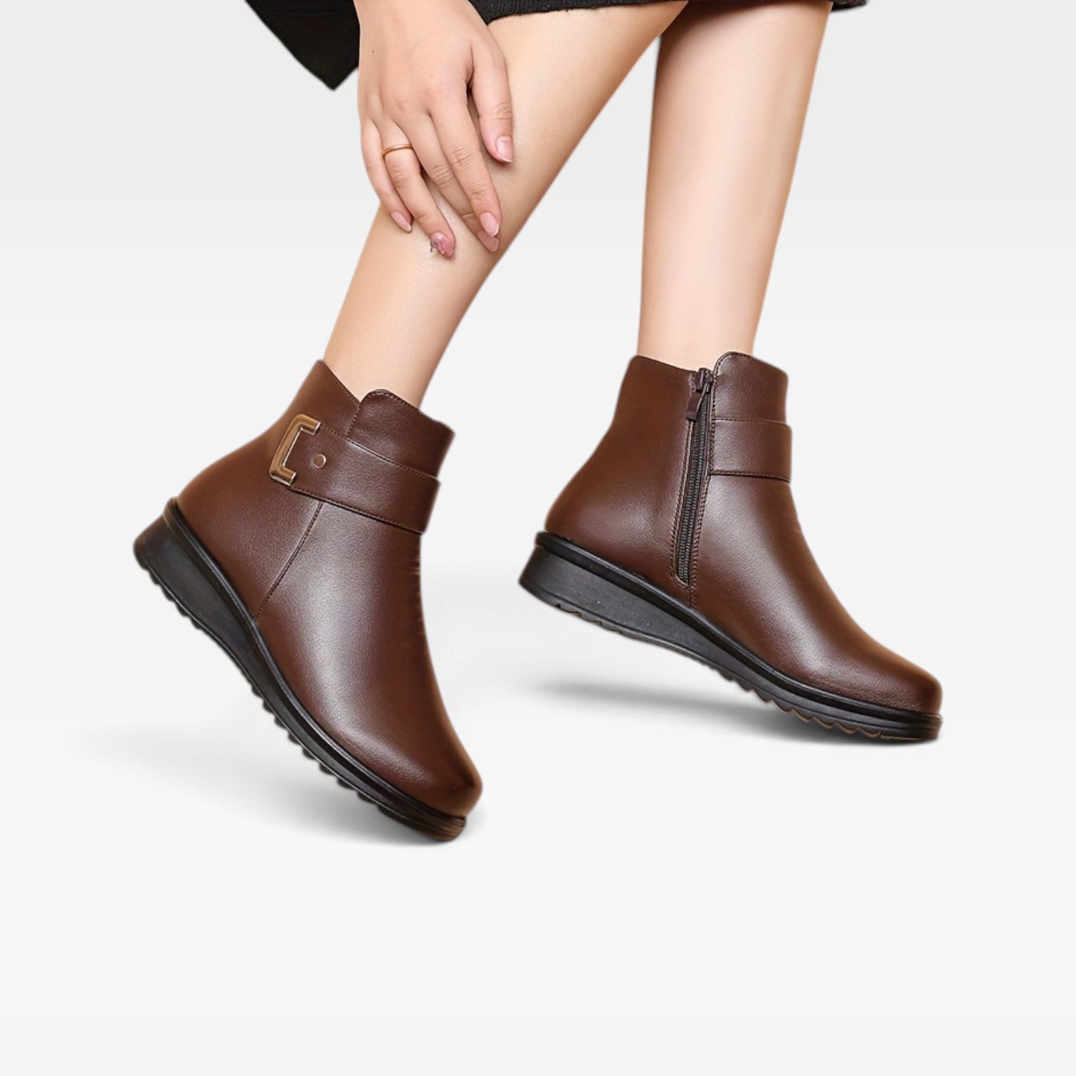 Wedge Ankle Boots, Buckle Strap Side Zip Cushioned Sole