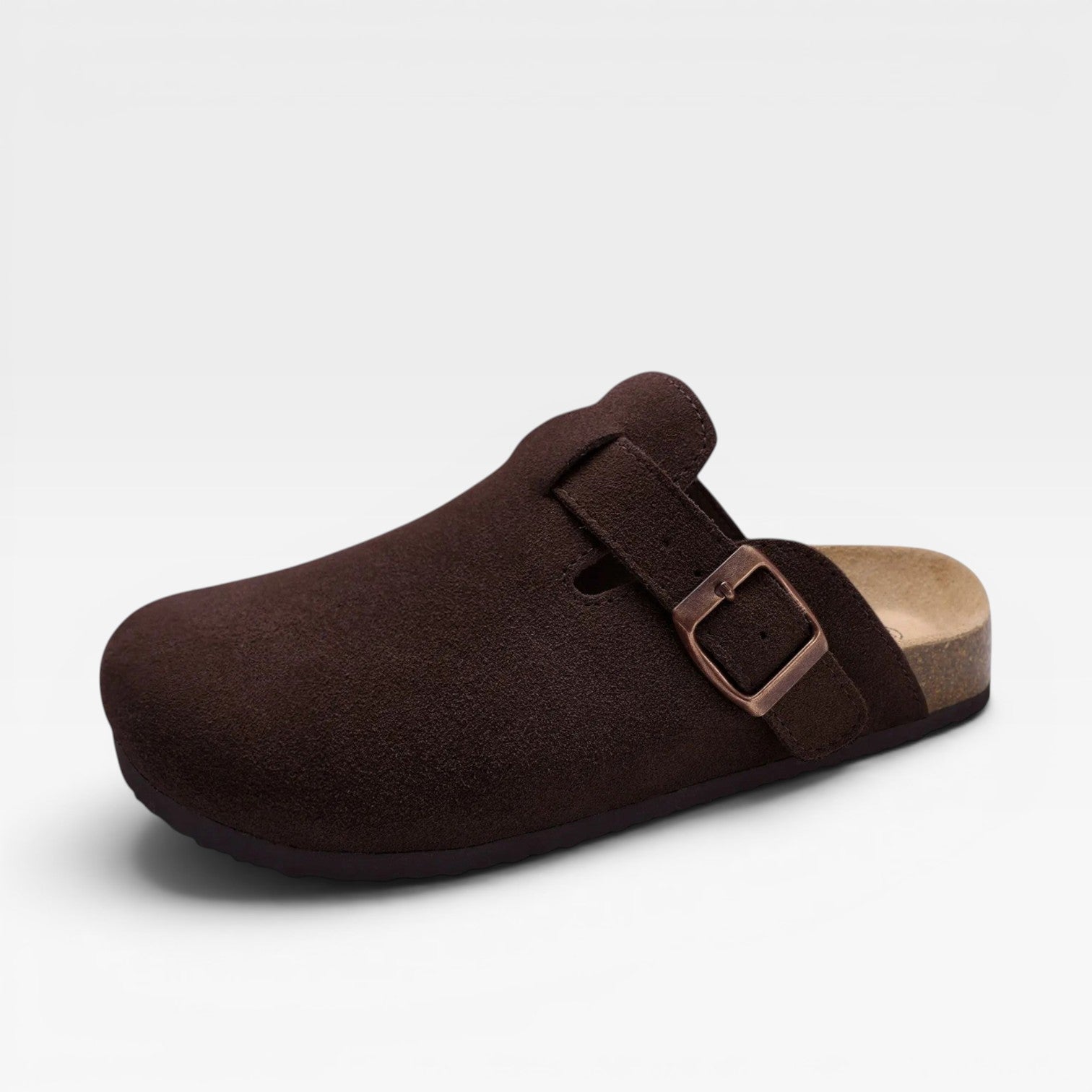 Suede Cork Clogs, Closed Toe Slip On Buckle Strap Mules