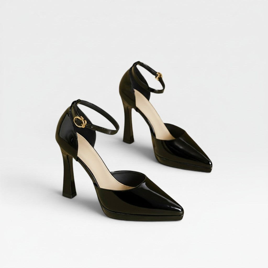 Patent Leather Pointed Toe Pumps, Ankle Strap Stiletto