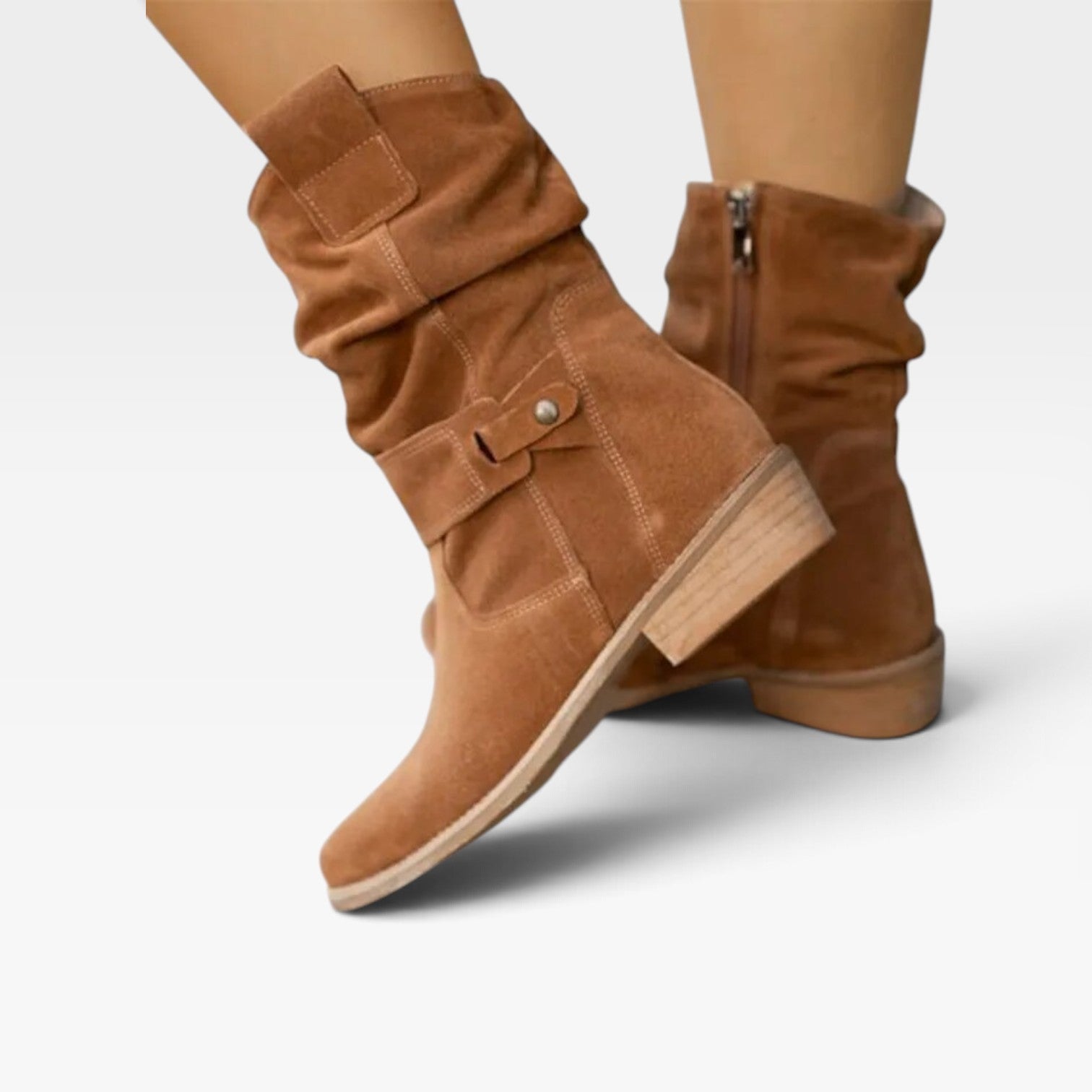 Boho Suede Ankle Boots, Tab Strap and Low Block Heel