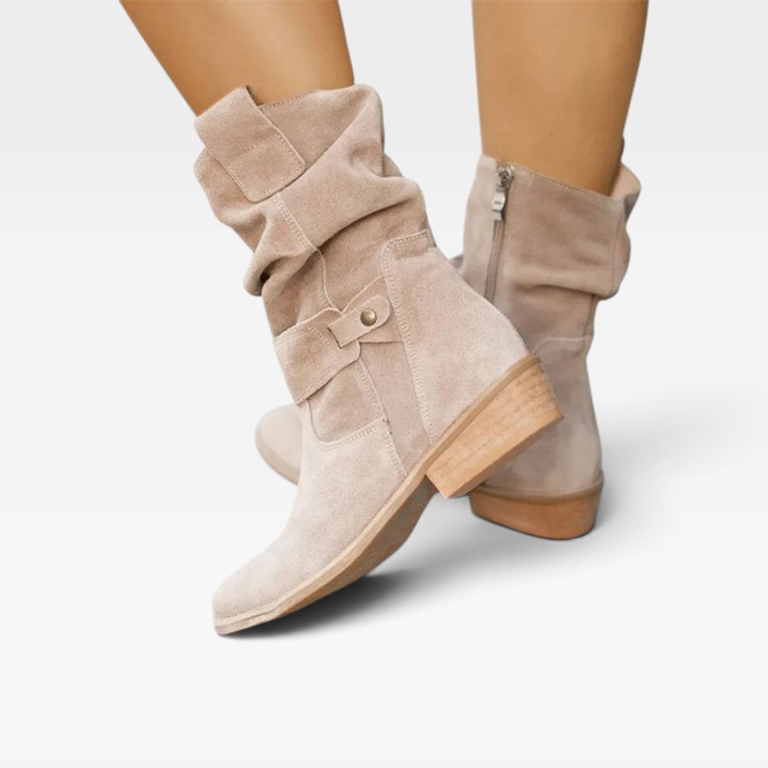 Boho Suede Ankle Boots, Tab Strap and Low Block Heel