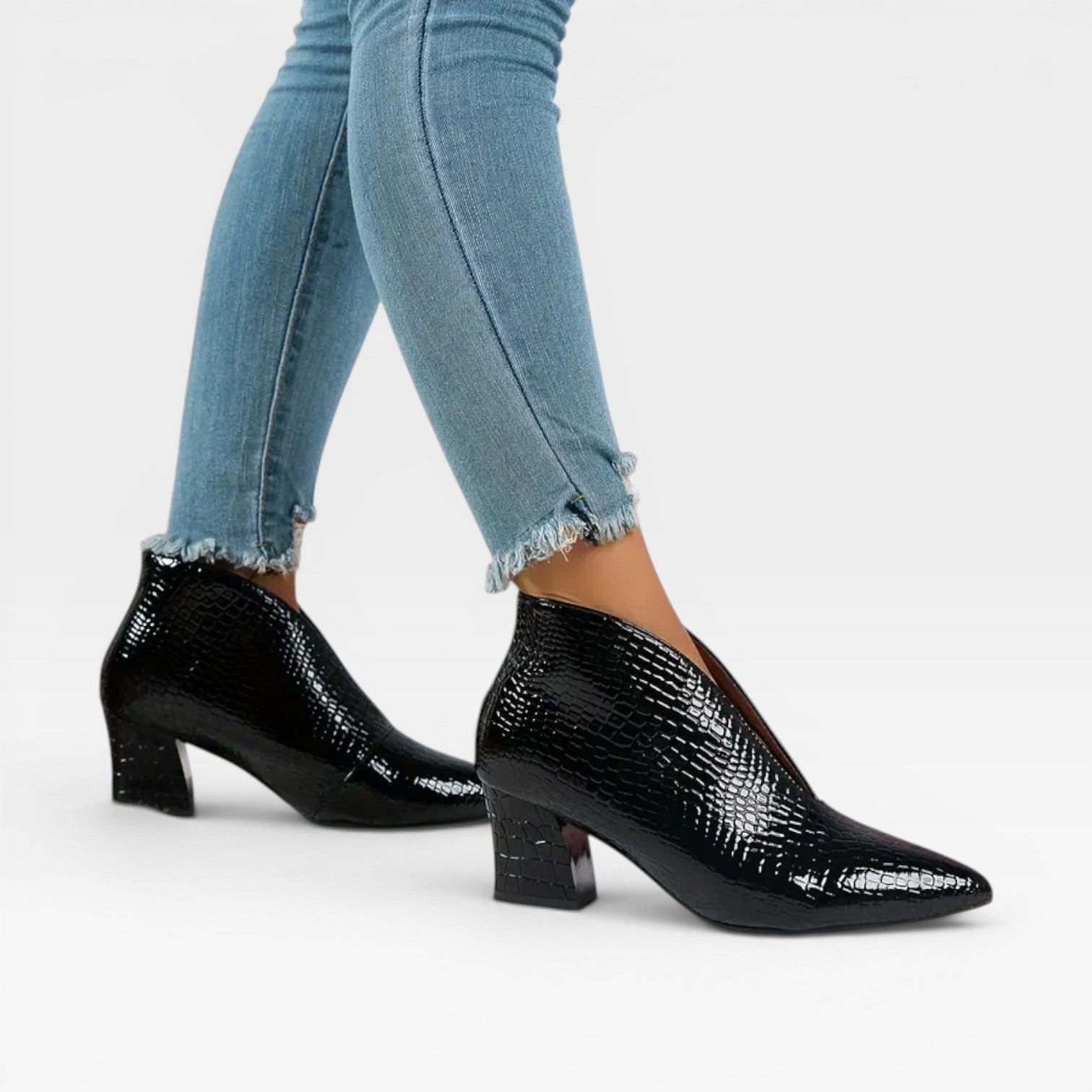 Croc Effect Ankle Boots, Pointed Toe Heeled Booties