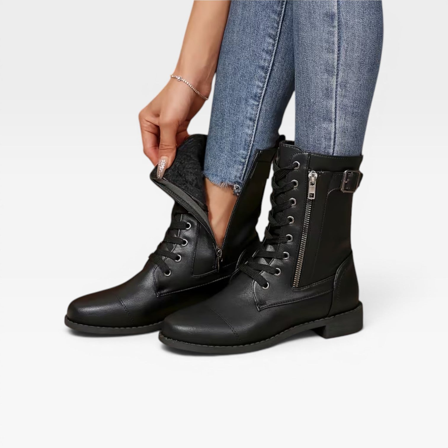 Lace Up Mid Calf Boots, Distressed Leather Block Heel