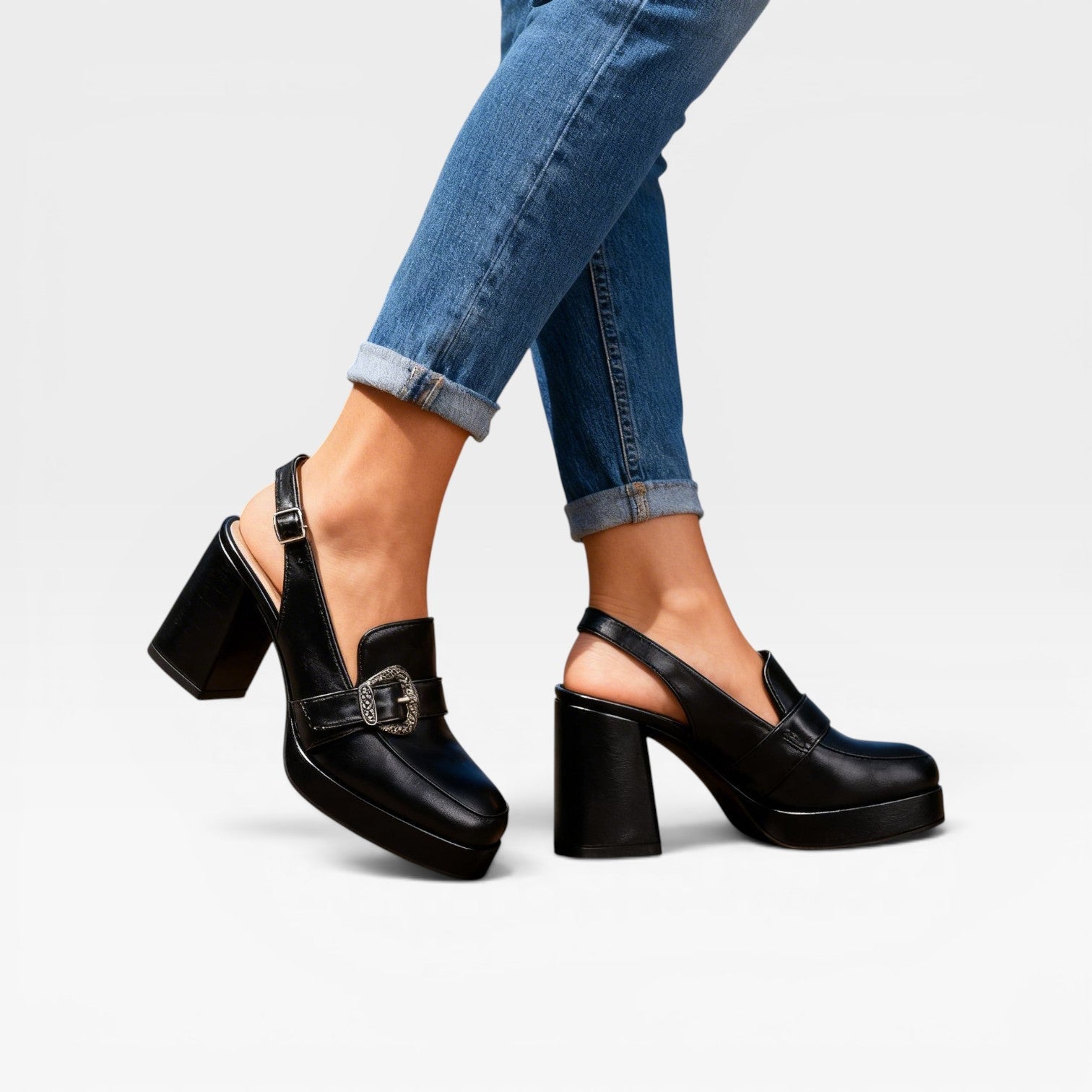 Platform Slingback Pumps, Buckle Strap Leather Heels