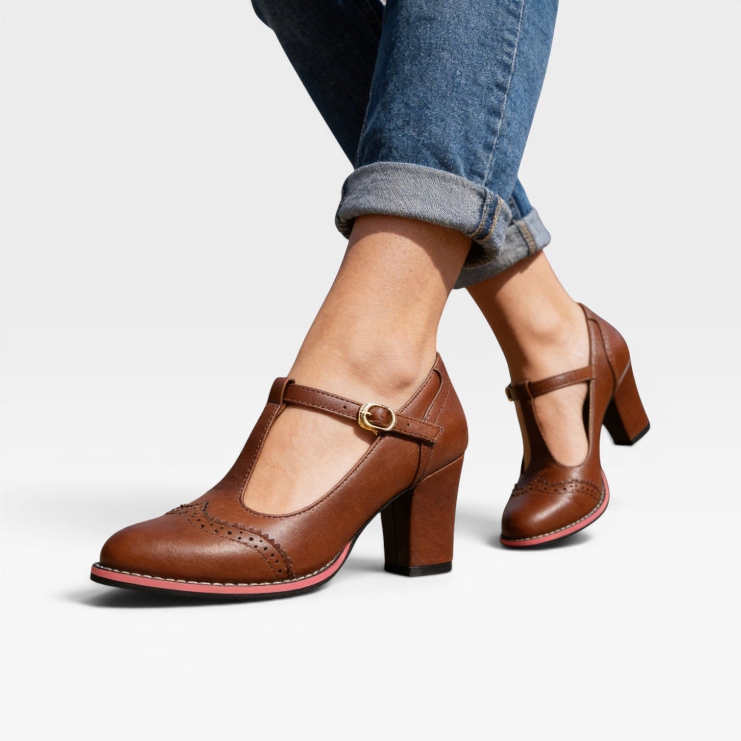 T Strap Mary Jane Pumps, 6cm Block Heel Brogue Shoes