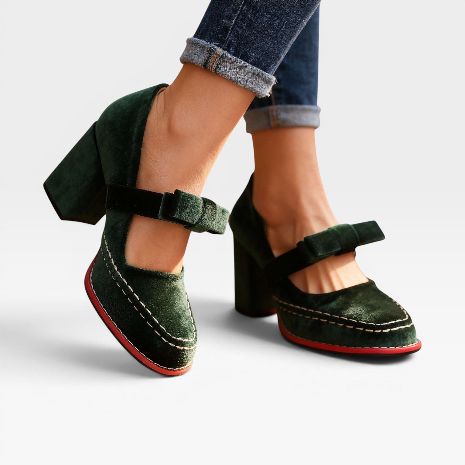 Velvet Mary Jane Pumps, Bow Block Heel Vintage Shoes