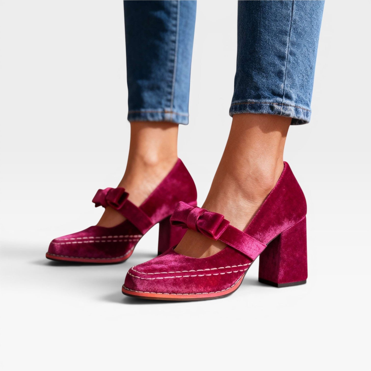 Velvet Mary Jane Pumps, Bow Block Heel Vintage Shoes