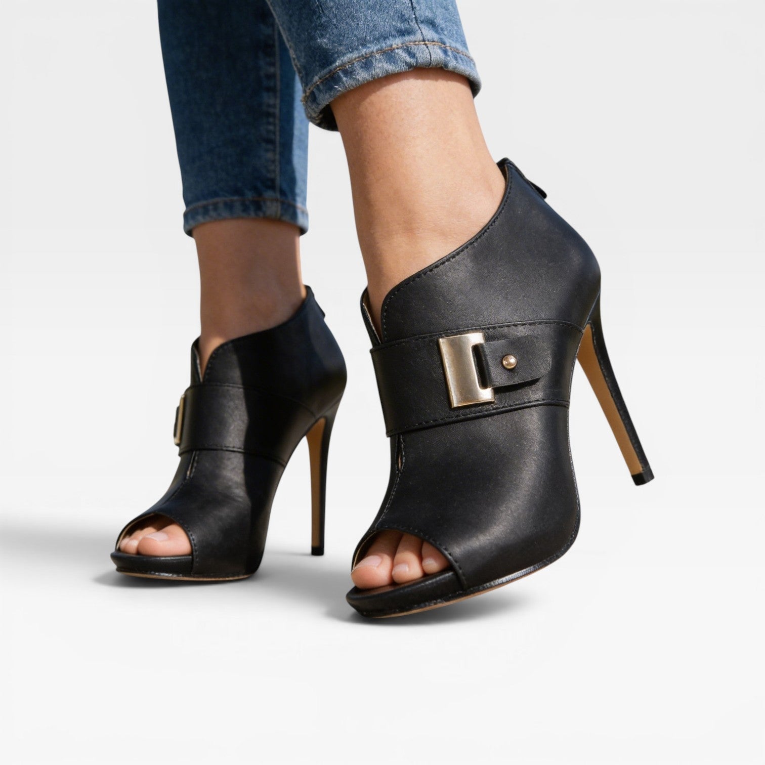 Peep Toe Ankle Boots, Leather Buckle Stiletto Booties