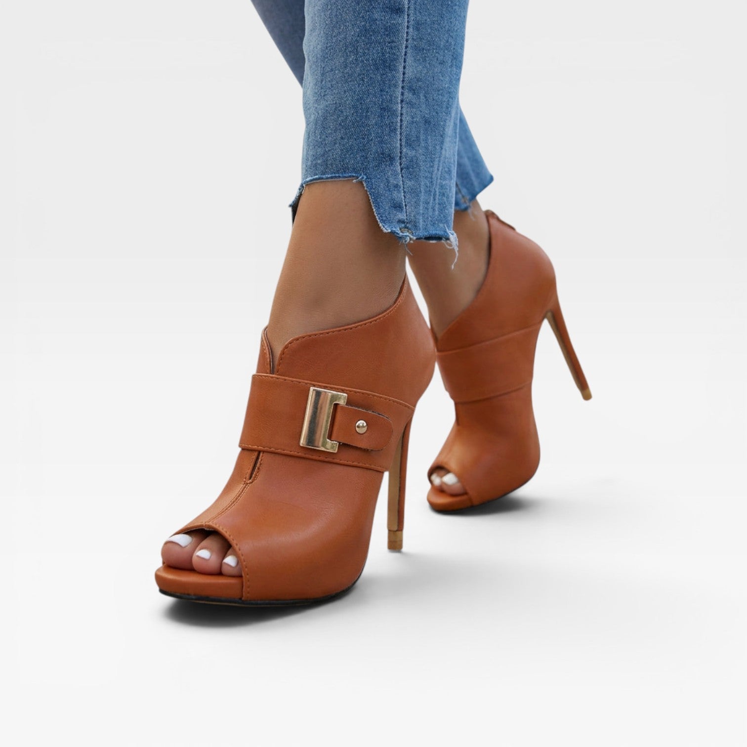 Peep Toe Ankle Boots, Leather Buckle Stiletto Booties