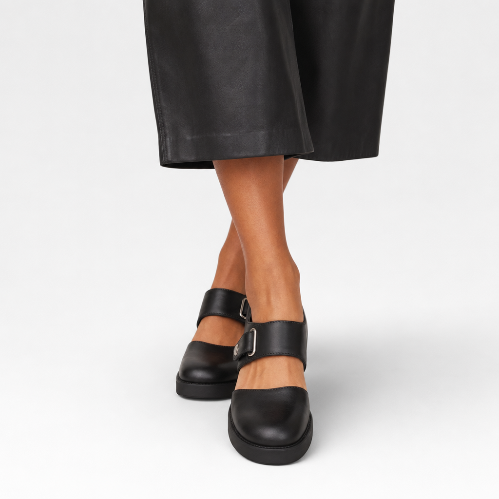 Leather Mary Jane Flats, Buckle Strap Low Block Heel