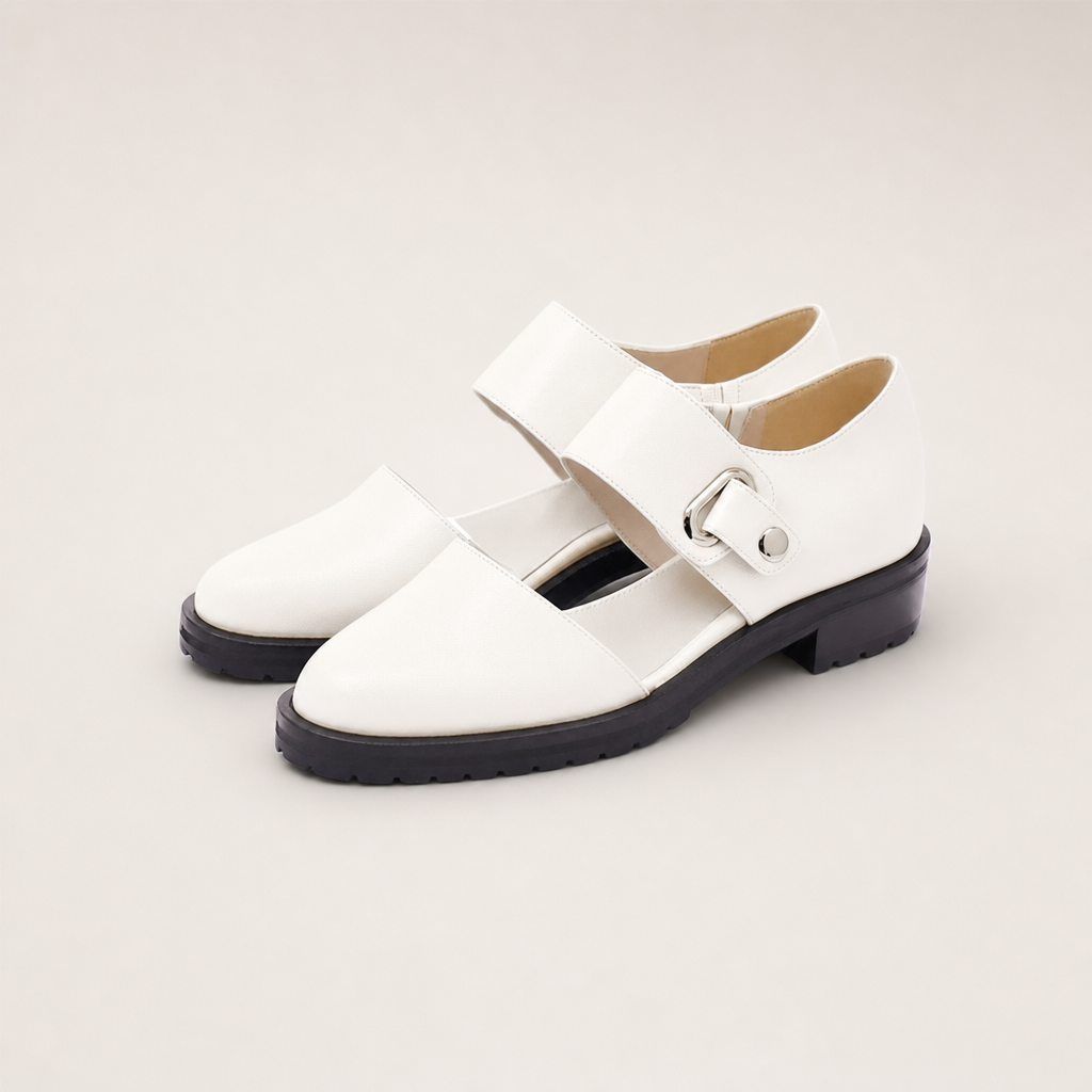 Leather Mary Jane Flats, Buckle Strap Low Block Heel