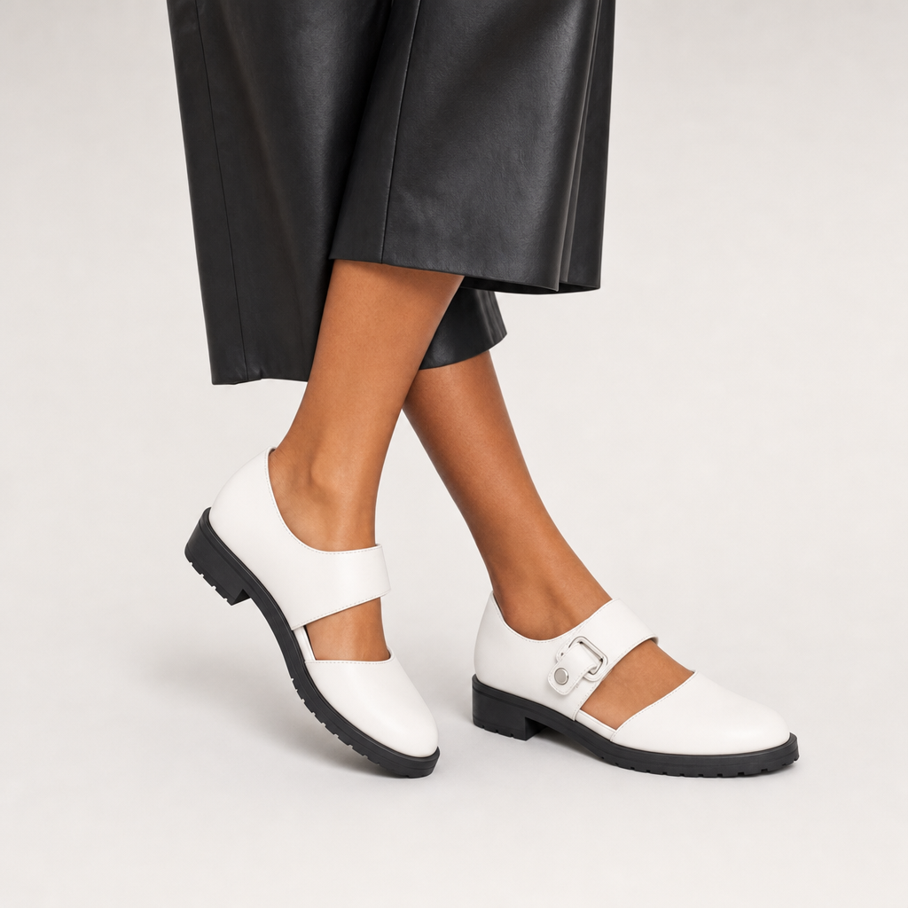Leather Mary Jane Flats, Buckle Strap Low Block Heel