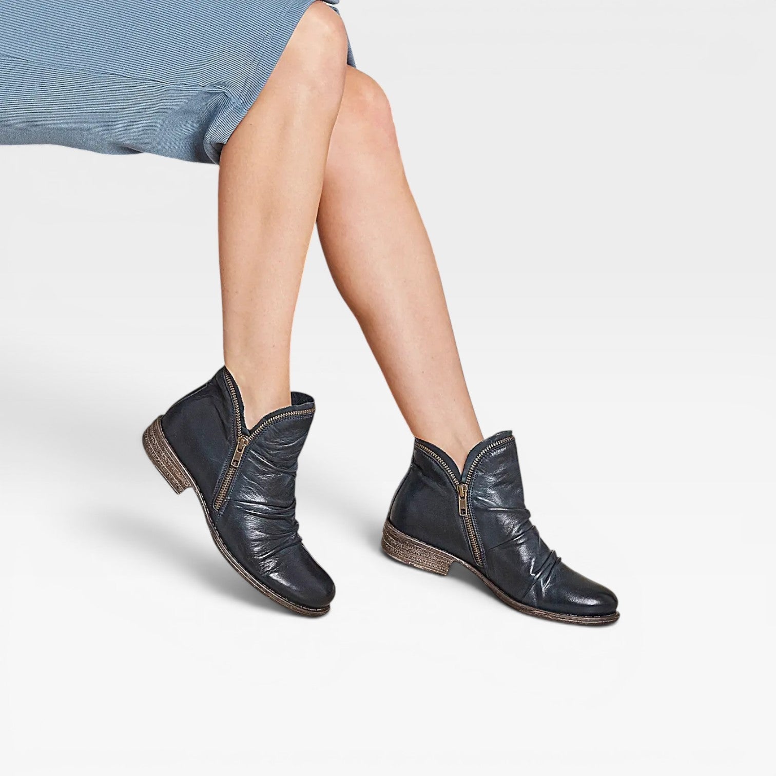 Slouchy Ankle Boots, Side Zip Low Block Heel Leather
