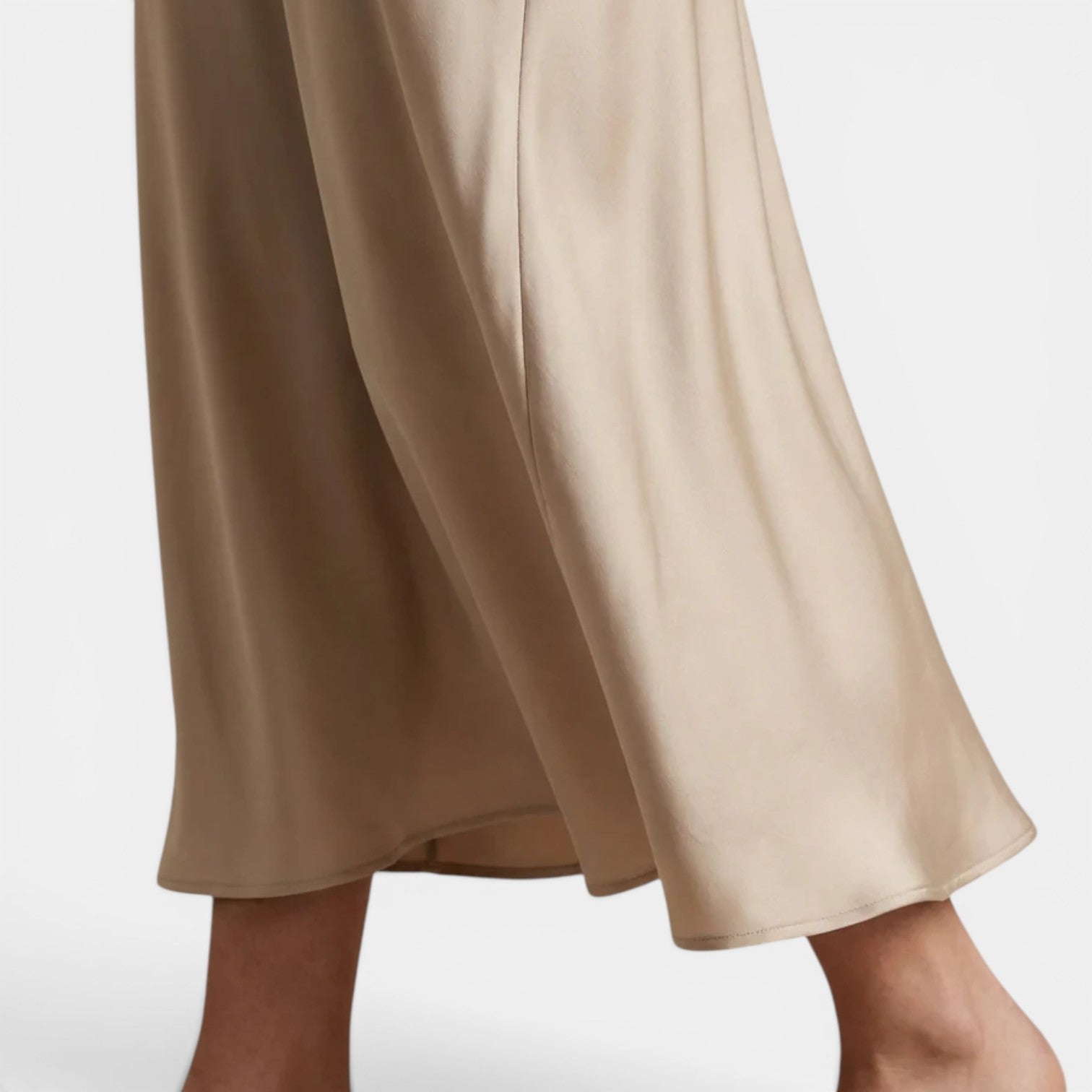 High Waist Silk Midi Skirt, Draped Beige Flowing Cut