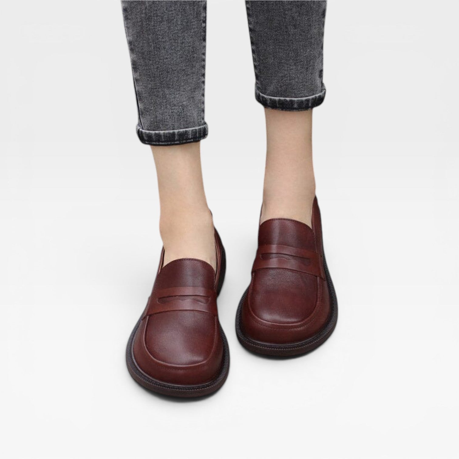Genuine Leather Penny Loafers, Round Toe Slip On Flats