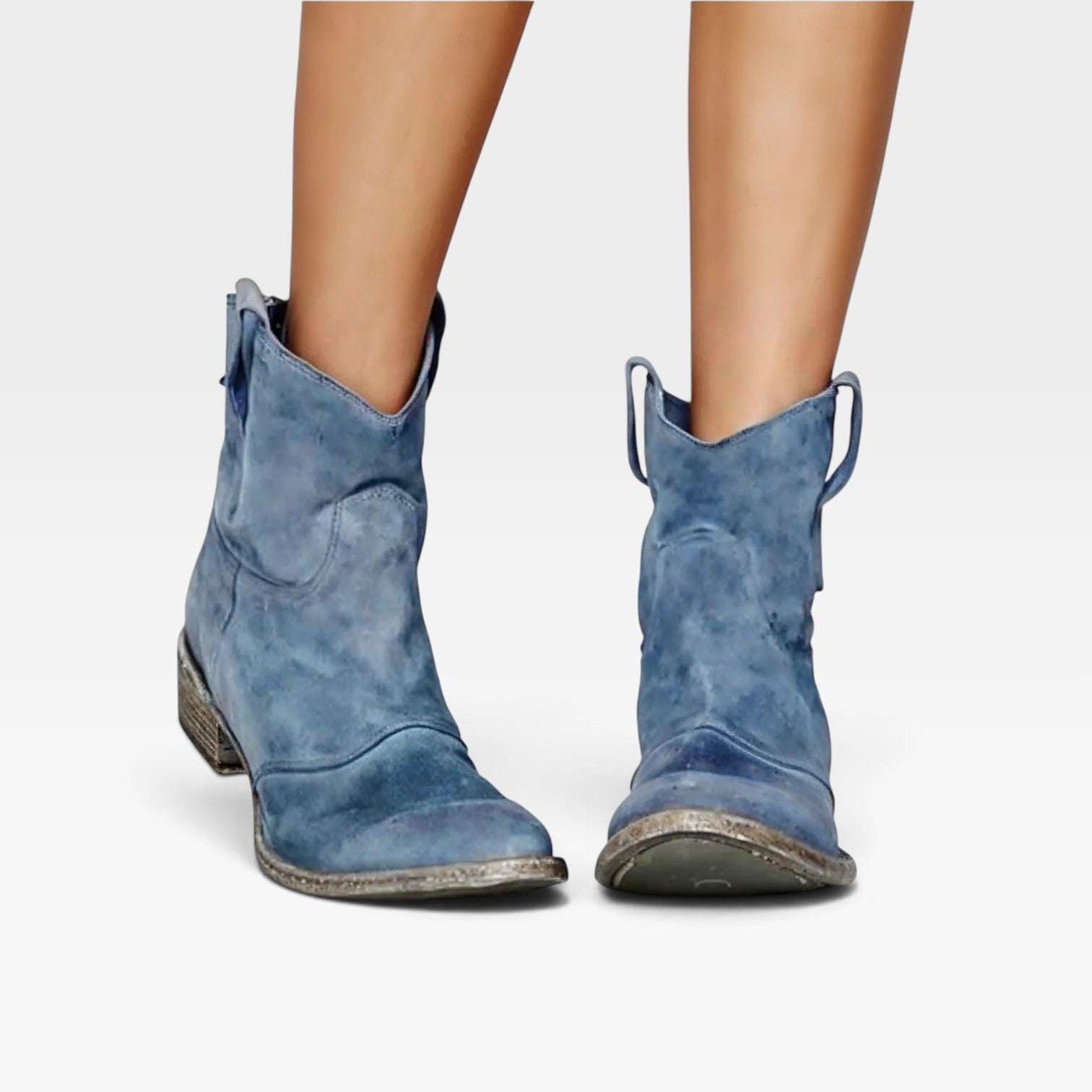 Western Ankle Boots, Suede Round Toe Low Block Heel