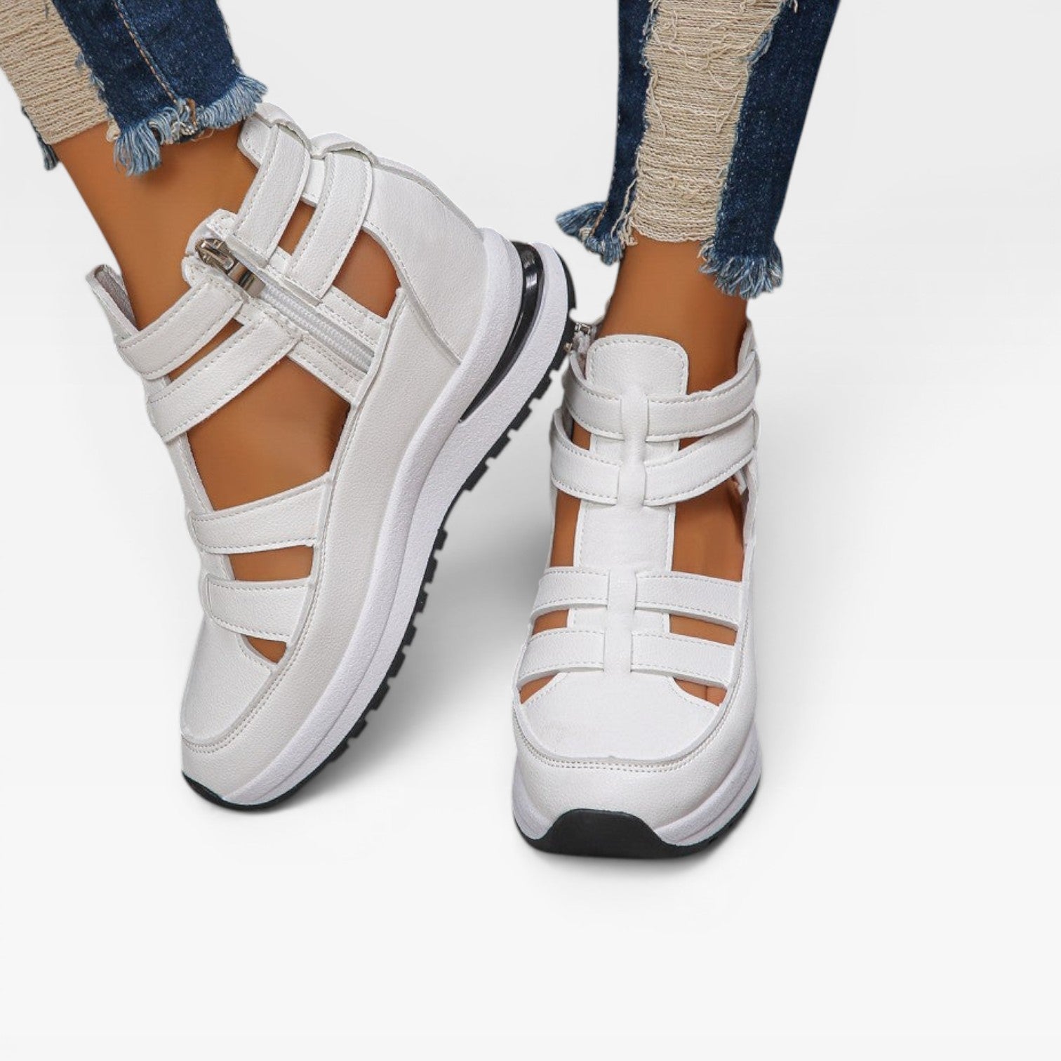 Closed Toe Platform Wedge Sandals, Cut Out Zip Strap