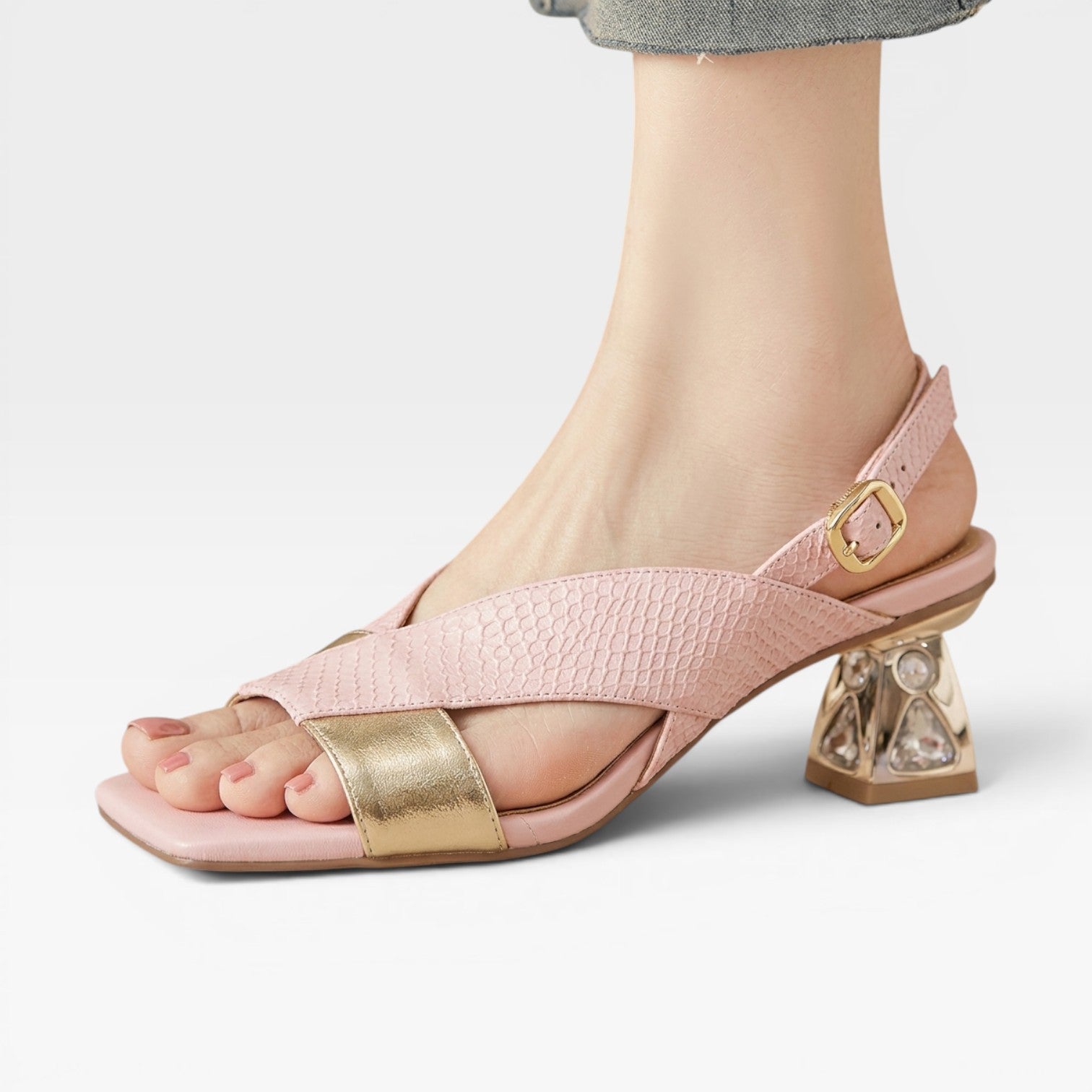 Sculpted Crystal Heel Leather Sandals, Slingback Pumps