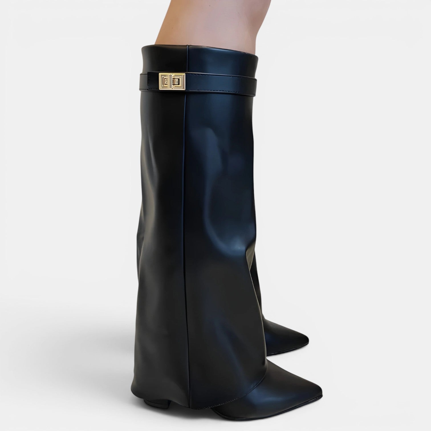 Fold Over Knee High Boots, Pointed Toe Suede Block Heel