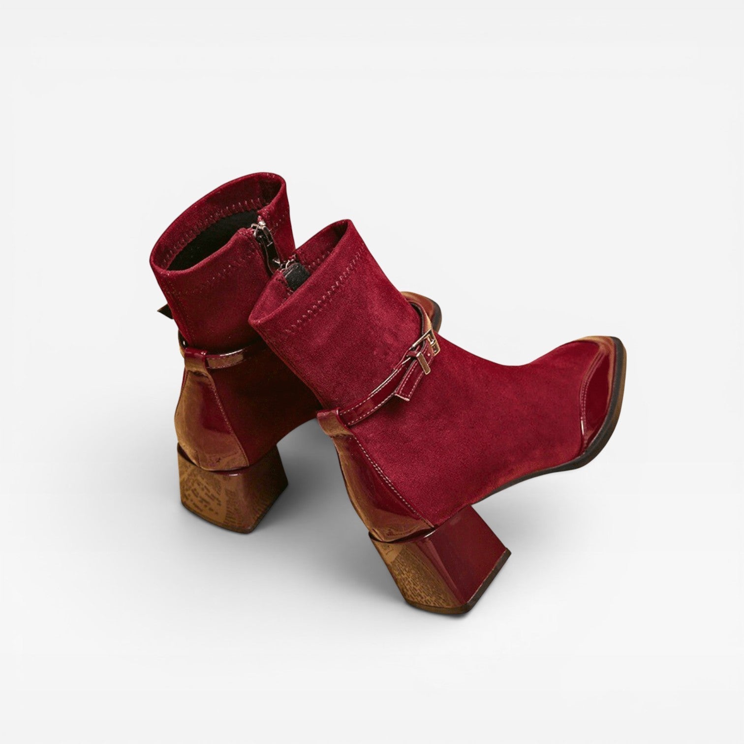 Suede Ankle Boots, Square Toe Patent Trim Block Heel