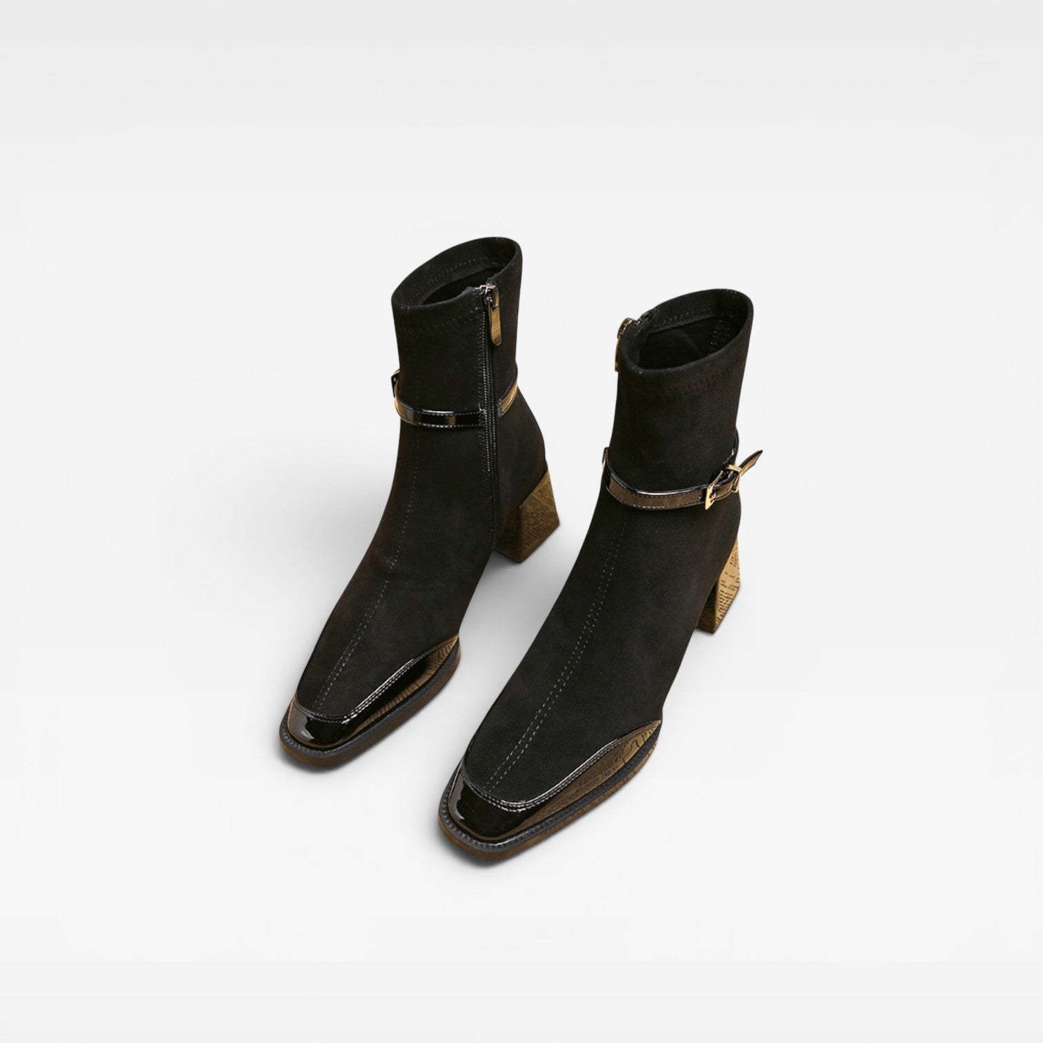 Suede Ankle Boots, Square Toe Patent Trim Block Heel