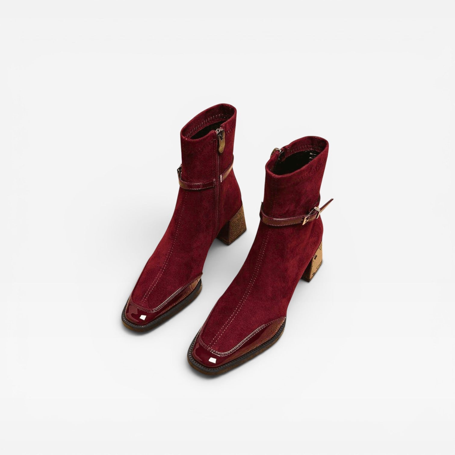Suede Ankle Boots, Square Toe Patent Trim Block Heel