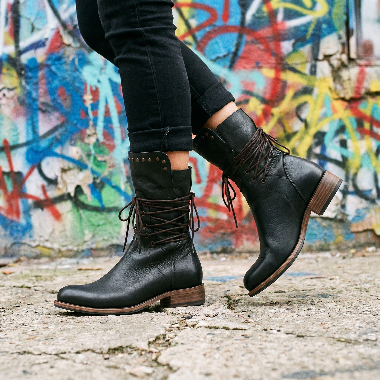 Studded Lace-Up Mid Calf Boots, Low Block Heel Leather