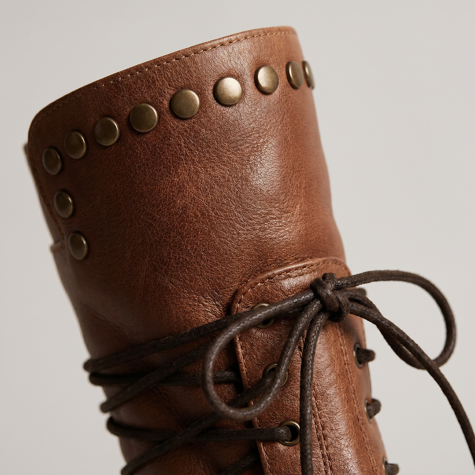 Studded Lace-Up Mid Calf Boots, Low Block Heel Leather