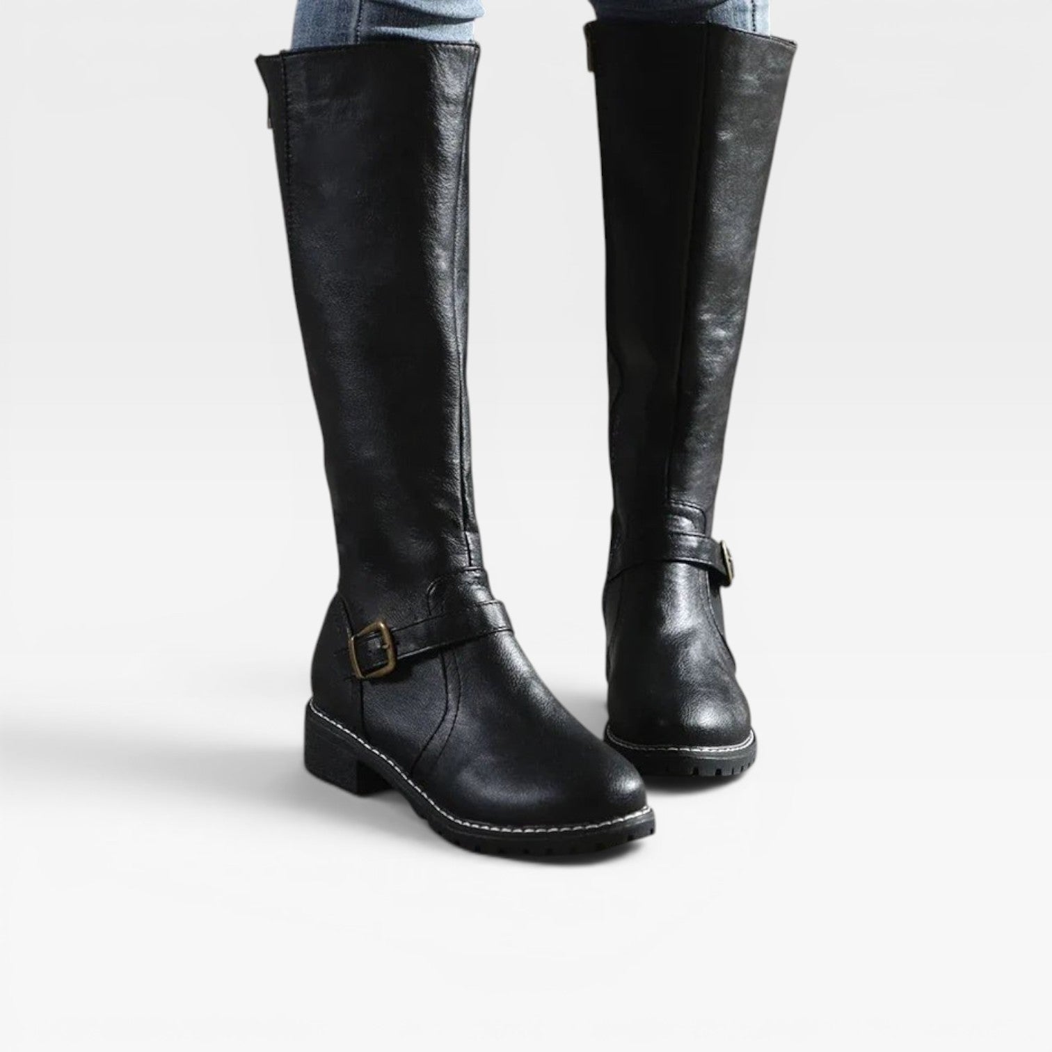 Knee High Leather Boots, Buckle Strap Low Block Heel