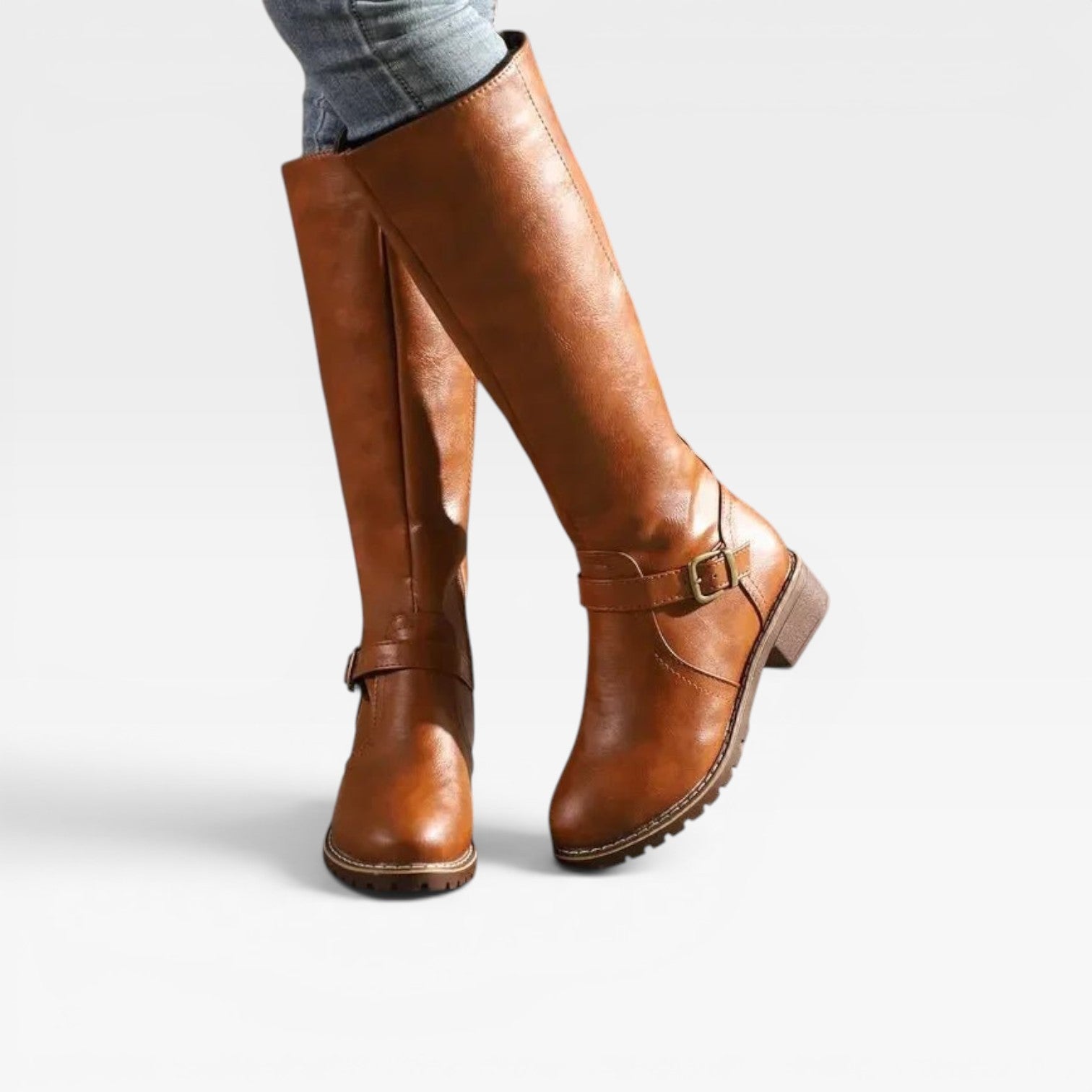 Knee High Leather Boots, Buckle Strap Low Block Heel