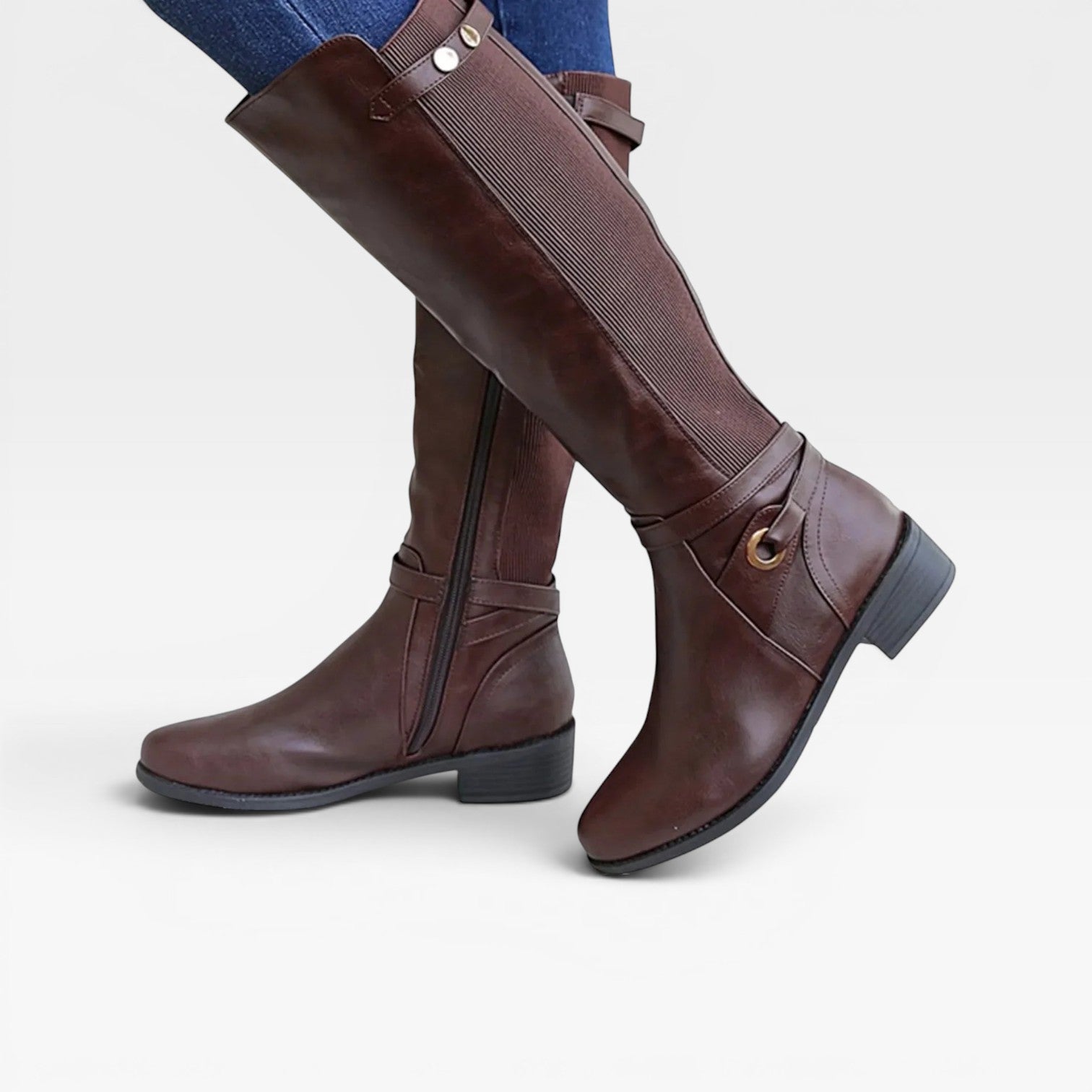 Knee High Boots, Elastic Gore Panel Side Zip Leather