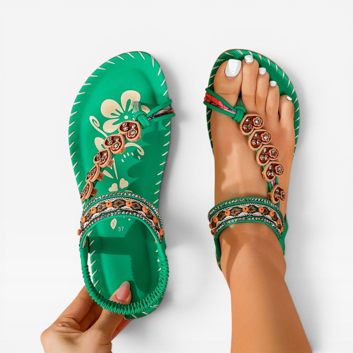 Beaded Leather Slingback Sandals, Boho Cushioned Flats