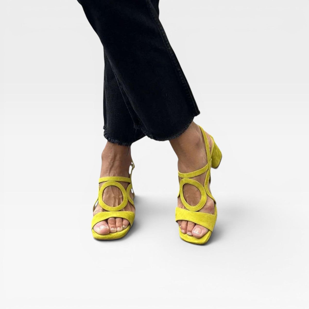 Suede Block Heel Sandals, Circle Cutout Ankle Strap