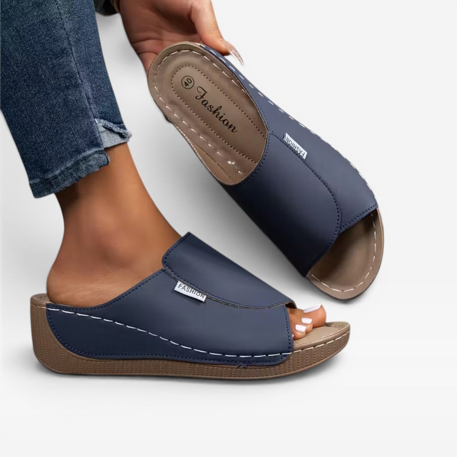 Leather Wedge Slide Sandals, Open Toe Cushioned Footbed