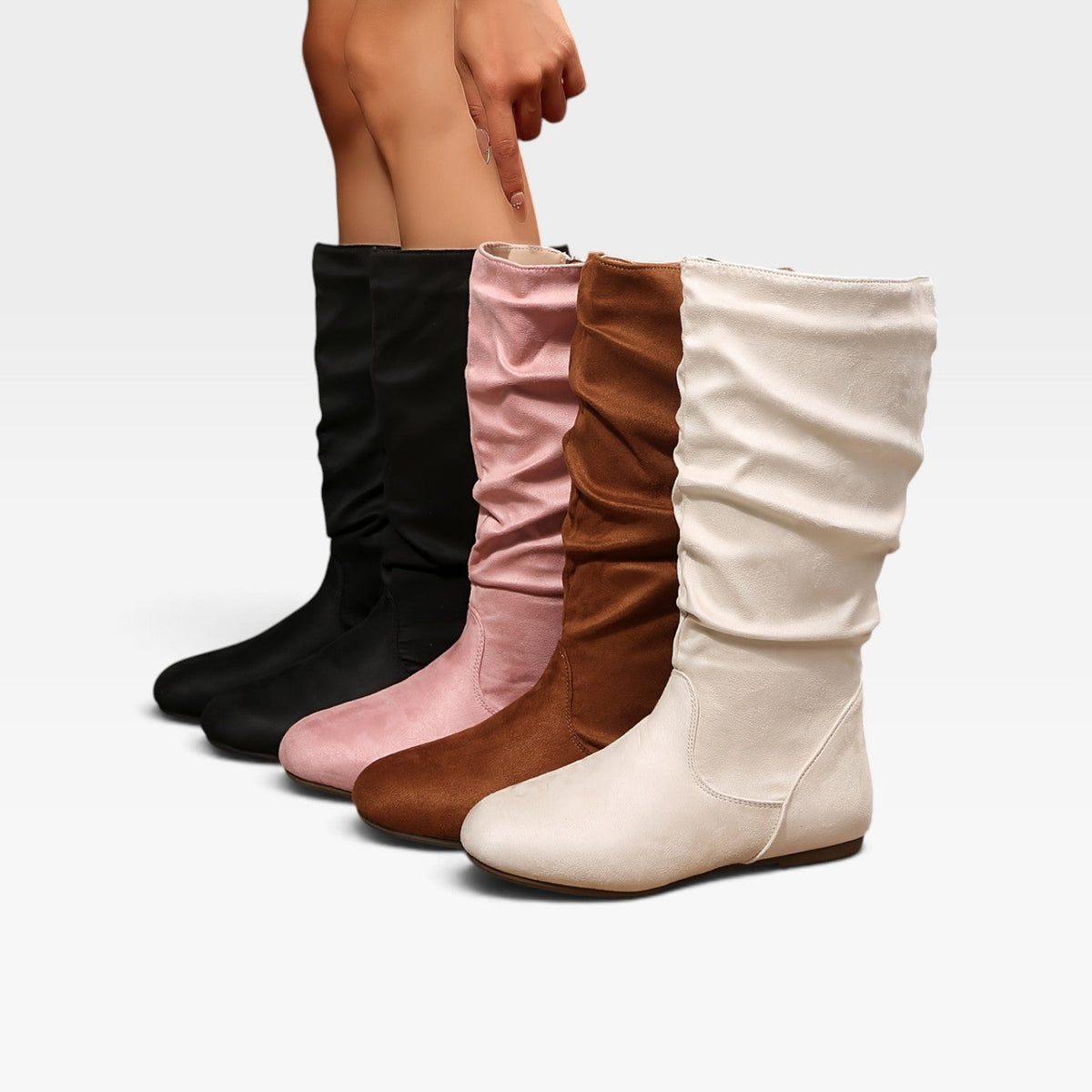 Mid Calf Slouch Boots, Hidden Wedge Sole and Side Zip