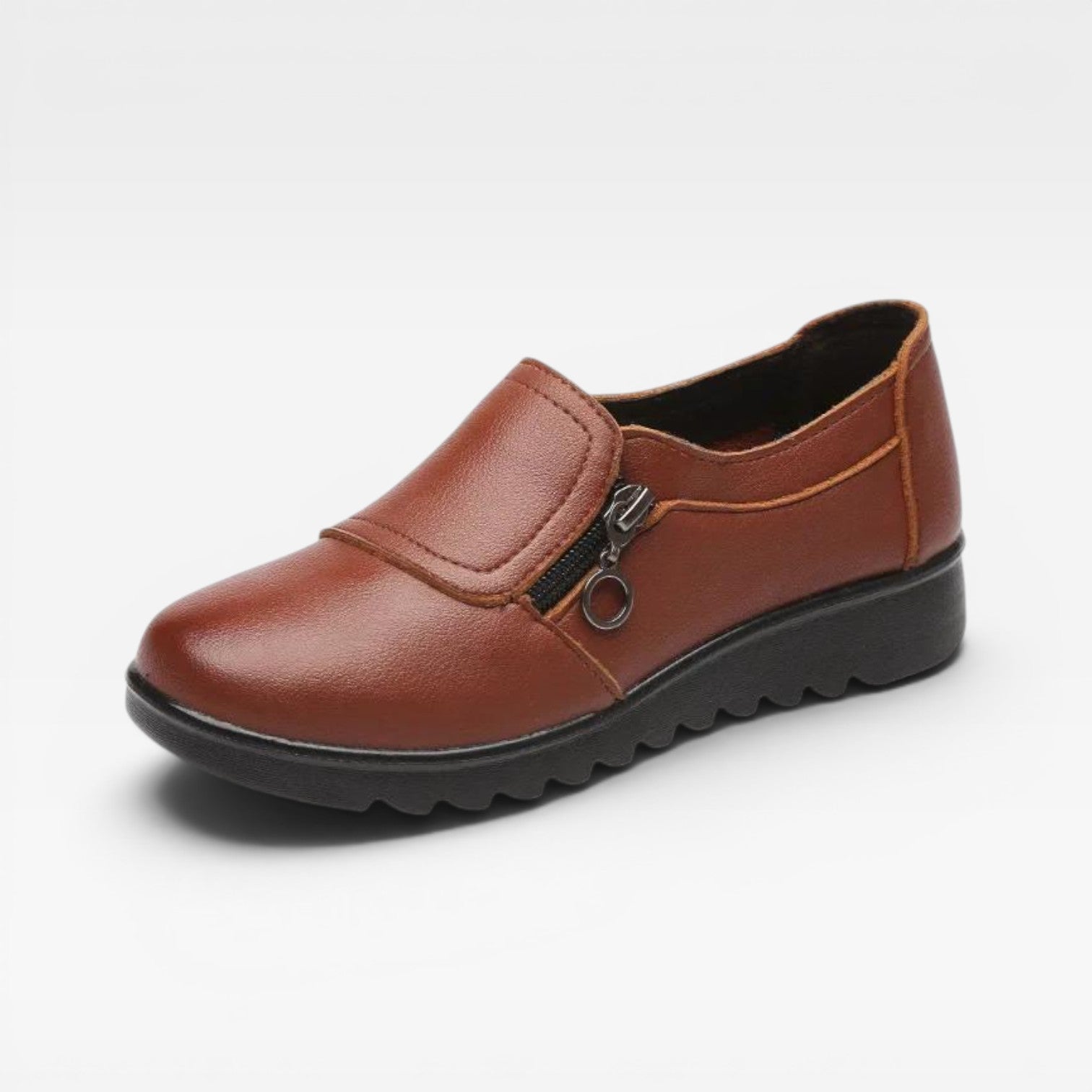 Leather Loafers with Side Zip, Cushioned Slip On Sole