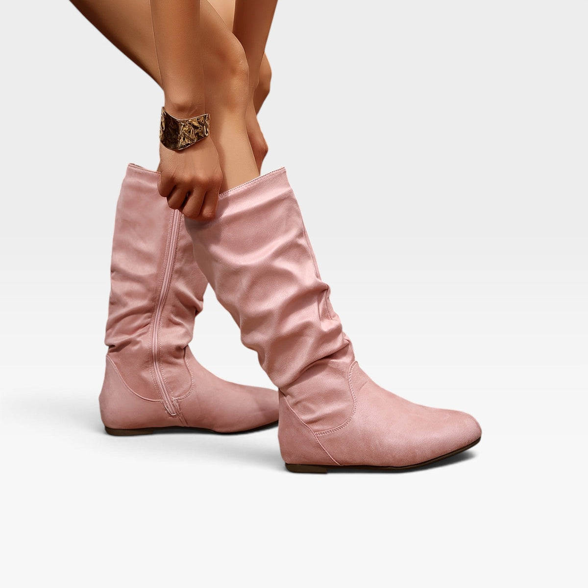 Mid Calf Slouch Boots, Hidden Wedge Sole and Side Zip