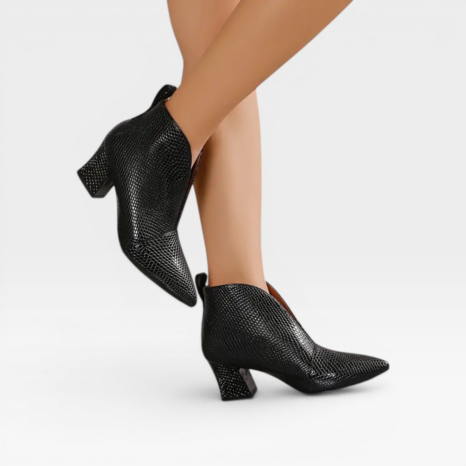 Croc Effect Ankle Boots, Pointed Toe Heeled Booties