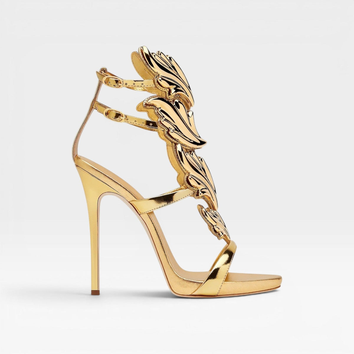 Sculptural Gold Strappy Sandals, Tall Stiletto Heels