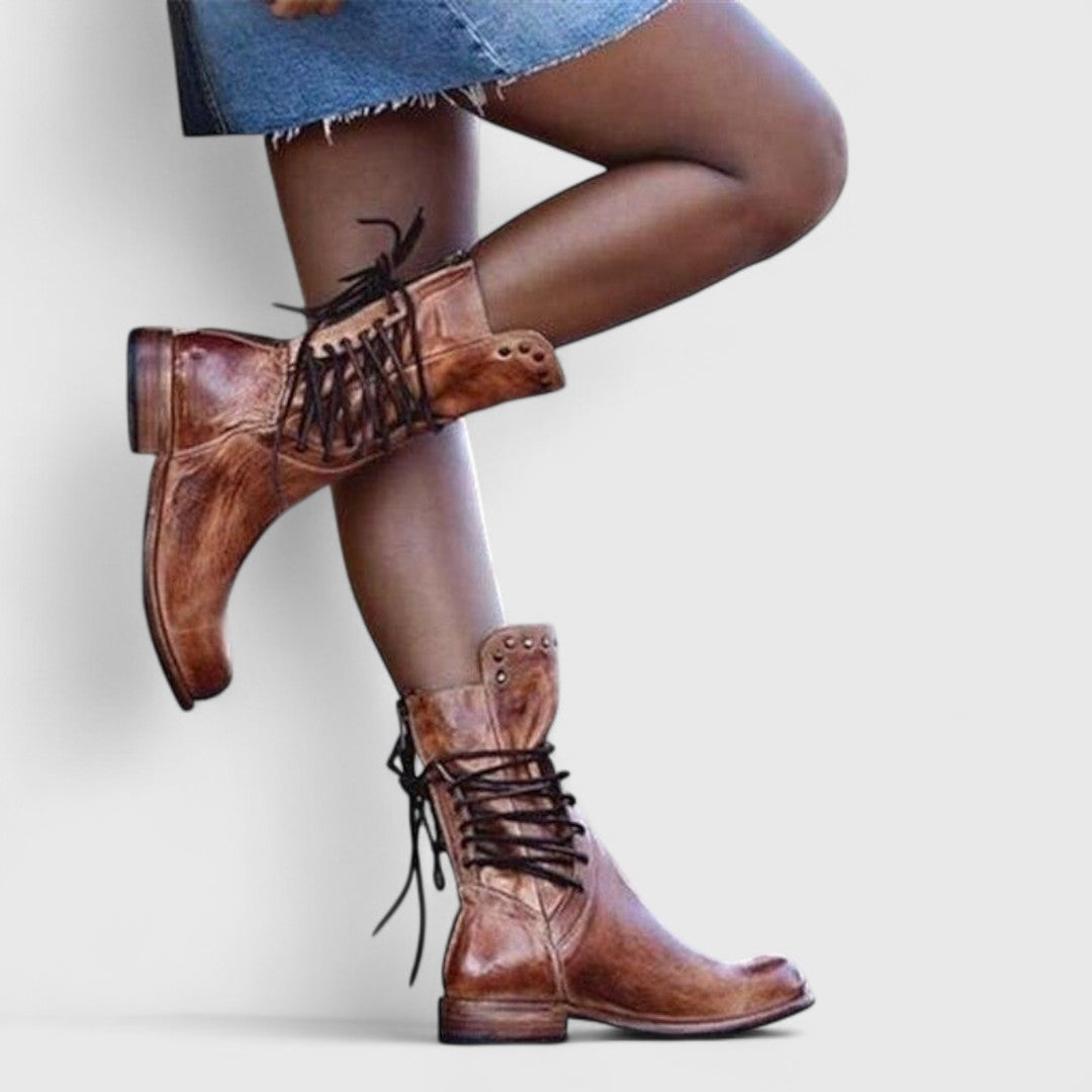 Studded Lace-Up Mid Calf Boots, Low Block Heel Leather